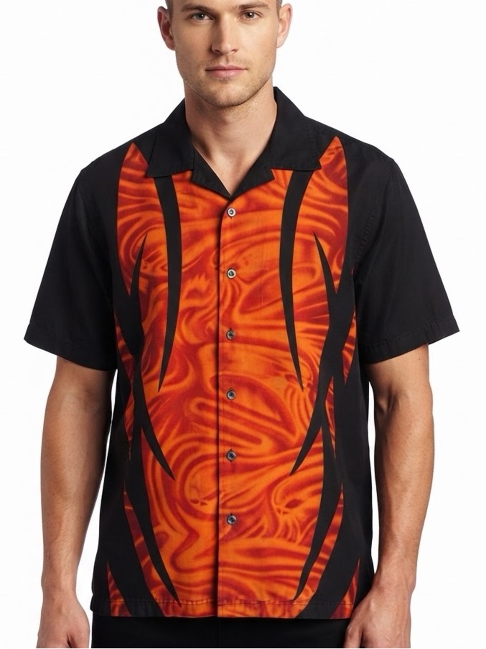 Harley Davidson Flame Ghost Skull Camp Shirt Button Mens M 6531-12VM Biker Y2K